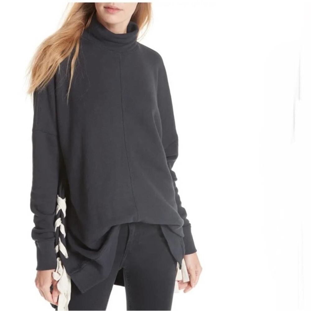 FP FREE PEOPLE Charcoal Grey White Ribbon Corset Lace Up Side Sweatshirt Top S